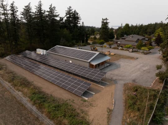 Aerial view of Orcas Center solar array, Orcas Island, Washington.