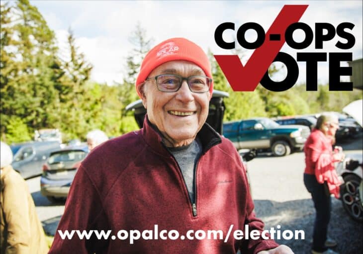 OPALCO member smiling with 'Co-ops vote' logo on top
